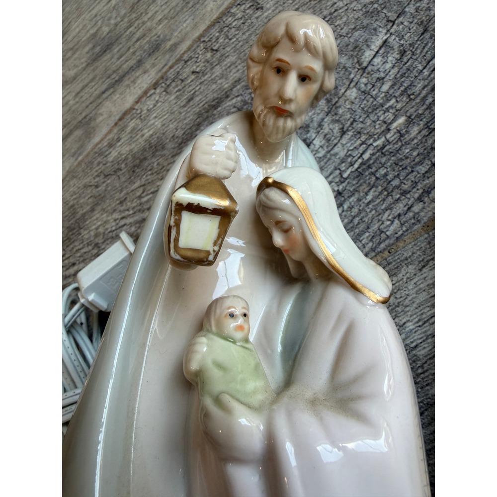 Nativity Scene Night Light Gold Trim Holy Family Ceramic Figurine Christmas Lamp